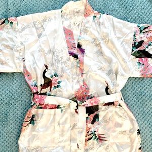 Satin Bridal robe, white with peacocks, Medium